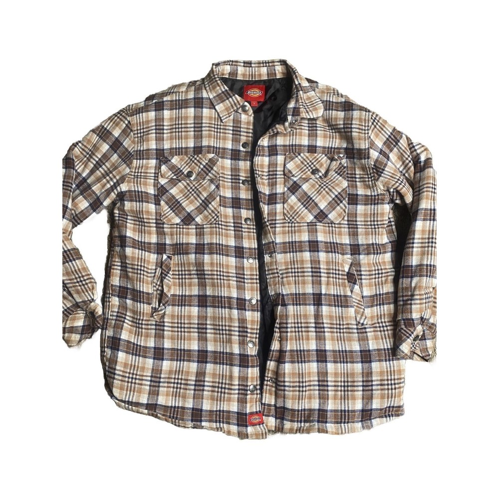 Dickies Women’s Oversized Tan Plaid CottonFlannel Snap Button Jacket Size Medium